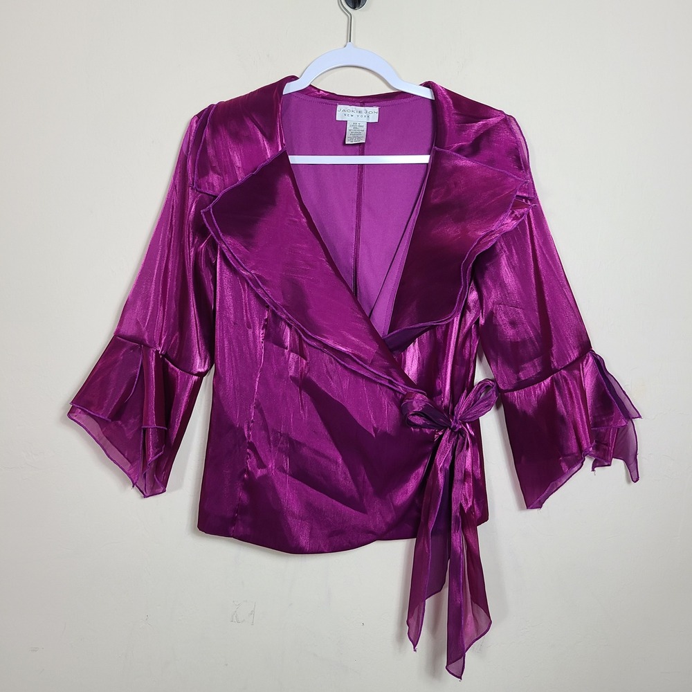 Purple Iridescent Wrap Top 12 Metallic Ruffles Evening Party‎ Guest Retro Fancy